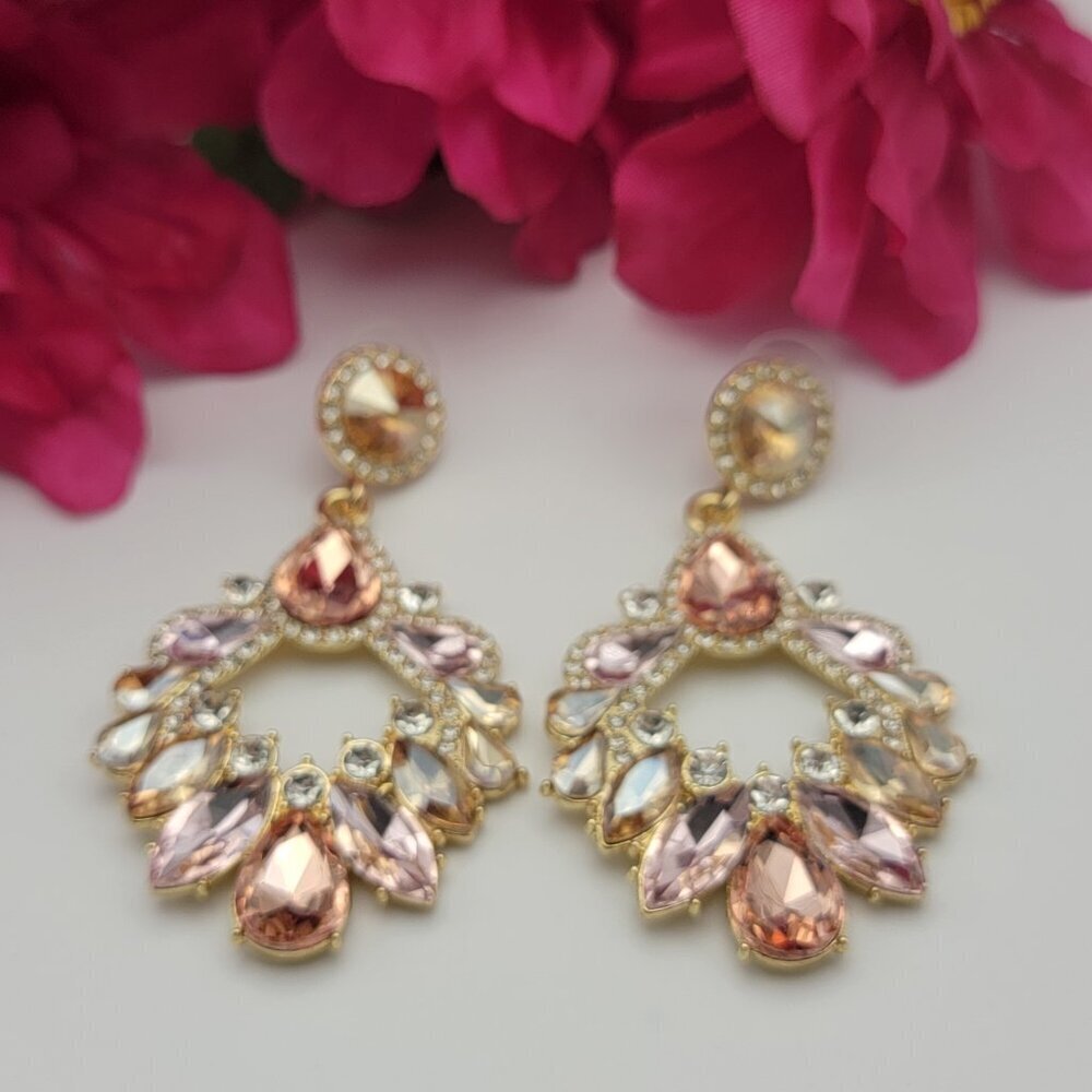Gold Tone Teardrop Pink Crystal Statement Drop Earrings Pierced Push Back 3 Inch